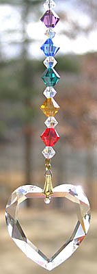 Very Beautiful Beveled Flat Crystal Heart With Cheerful Cheerful Rainbow Beads!