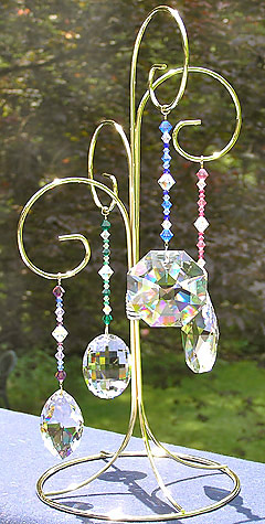 Gorgeous Set of Four Crystals With Beaded Hangers on Lovely Ornament Stand