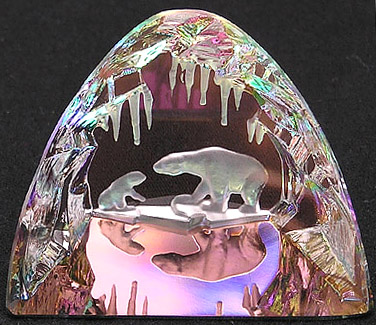 Crystal Figurine with Carved Frosted Polar Bear Mother and Cub in a Colorful Luminescent Ice Cave. Size is 2.5 Inches Wide and 2.25 Inches Tall.