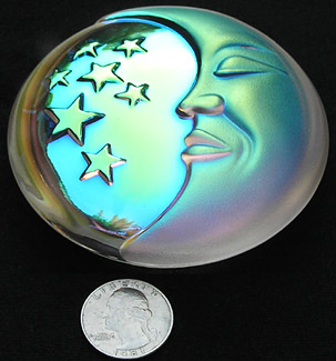 Moon and Stars Crystal AB Paperweight. Shown with US Quarter for Size Comparison.