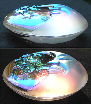 Crystal AB Moon and Stars PaperWeight. Edge View to Show Shape and Approximately One Inch Thickness.