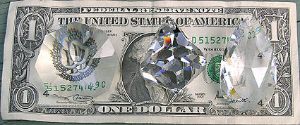 Beautiful Crystals in Crystal Collection Number One! Sundrop 40mm, Bell 40mm, Fancy Pear 50mm. Great Generous Sizes! Shown with US Dollar Bill for Size Comparison! Loads of Rainbows!