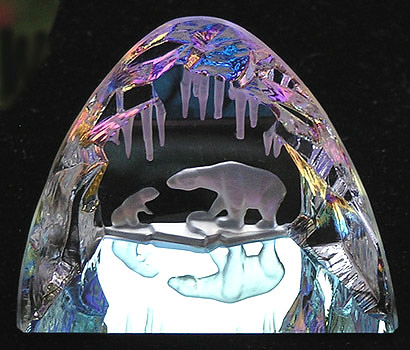 Polar Bears in a Crystal Cave with Icicles. Bermuda Blue Color. Enlarged to Show Lovely Detail. Actual Size is 2.5 Inches Wide and 2.25 Inches Tall.
