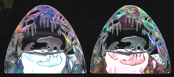 Crystal Figurine with Carved Frosted Polar Bear Mother and Cub in a Colorful Luminescent Ice Cave. Colors are Bermuda Blue on Left, Iridis on Right. Enlarged to show detail. Actual size is 2.5 Inches Wide, 2.25 Inches Tall.