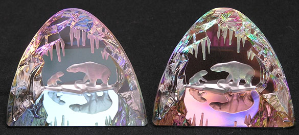 Beautiful Crystal Polar Bears in Their Ice Cave. Bermuda Blue Color on Left, Iridis on Right.