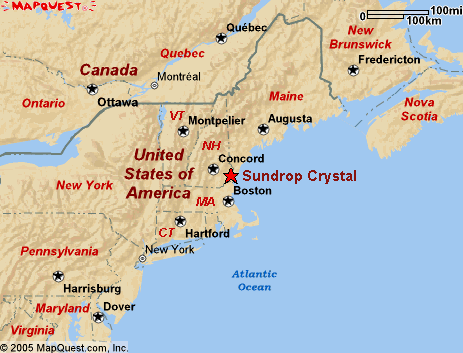 Sundrop Crystal is in New Hampshire, USA! We are not far from Boston. Here is a Map.