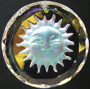 Crystal Sun Coin With Carved Frosted Smiling Sun Face and Beveled Edges