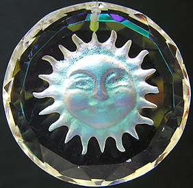 Crystal Sun Coin with Faceted Edges, Carved Frosted Sun Face, and Golden AB