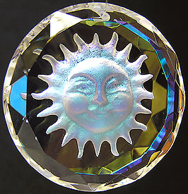 Crystal Sun Coin with Faceted Edges, Carved Frosted Sun Face, and Gold AB. Enlarged to Show Detail.