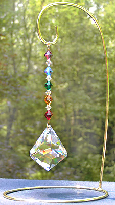 Beautiful Crystal Bell 50mm Decorated with a Rainbow of Crystal Beads on its Own Attractive Stand! Ornament Stand Sold Separately.