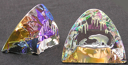 Polar Bears in Crystal Ice Cave. Side and Rear View on Left, Front at Right. Two and a quarter inches tall, Two and a half inches wide, beautiful ever changing colors!
